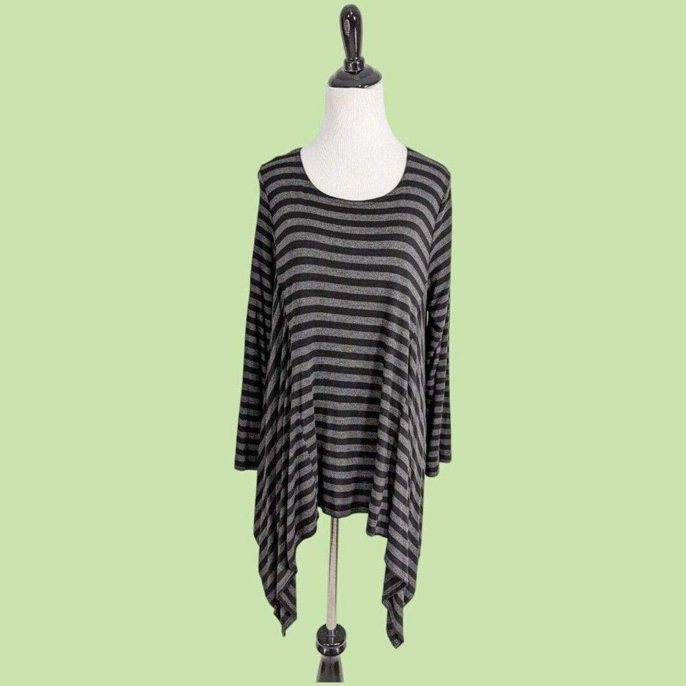 Bryn Walker Striped Knit Tunic Top S Asymmetrical Gray Black Viscose Lagenlook